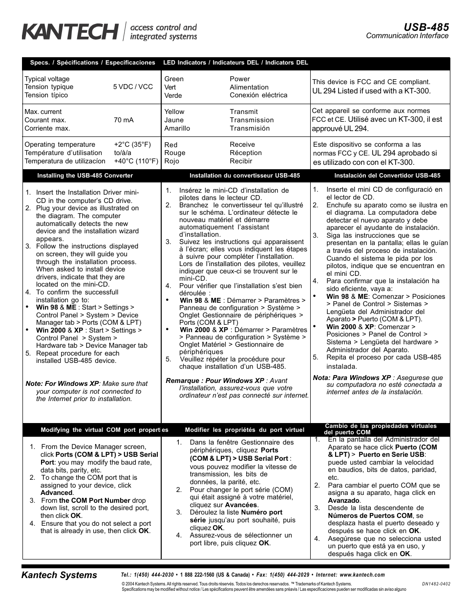 Usb-485, Kantech systems | Kantech USB-485 User Manual | Page 2 / 2