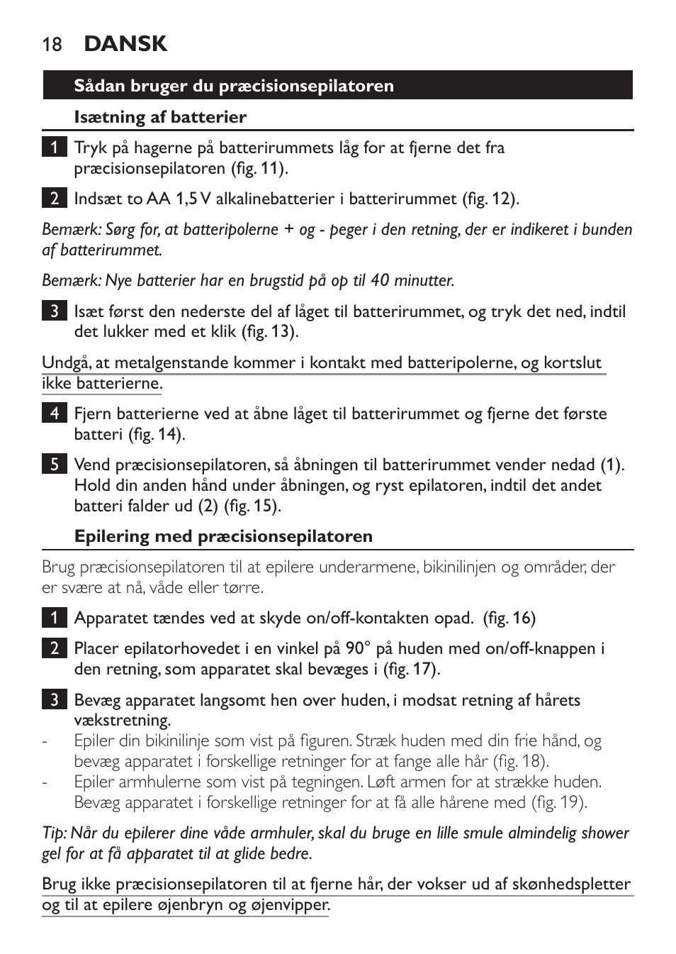 Dansk | Philips Epilier-Set – Limited Edition User Manual | Page 18 / 132