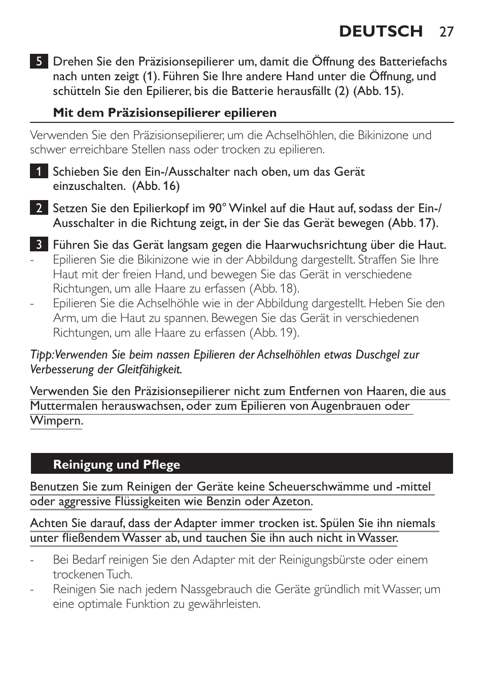 Deutsch | Philips Epilier-Set – Limited Edition User Manual | Page 27 / 132