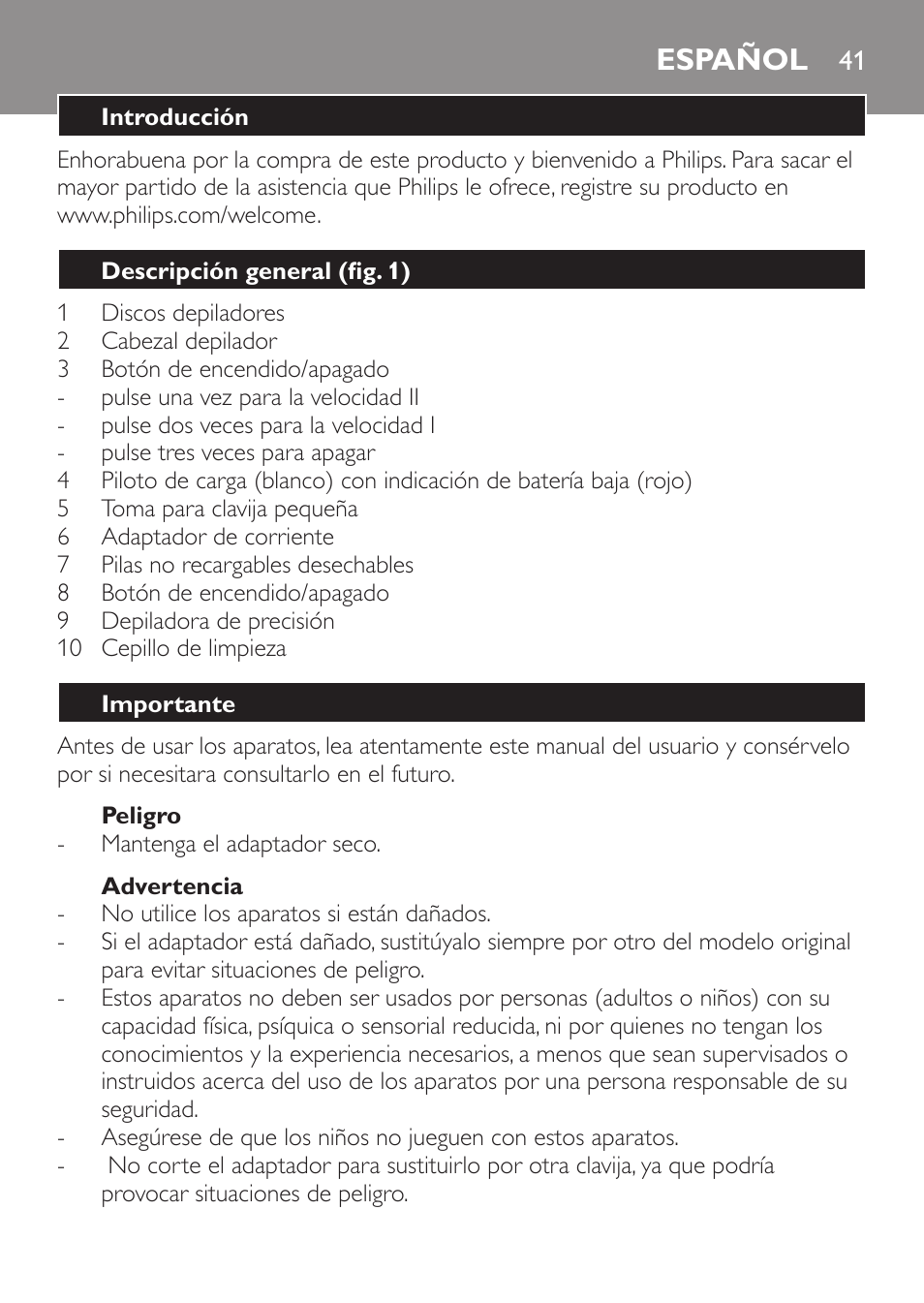 Español | Philips Epilier-Set – Limited Edition User Manual | Page 41 / 132