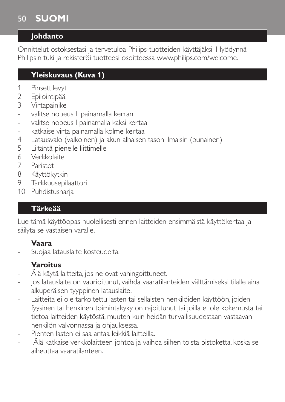 Suomi, Suomi 50 | Philips Epilier-Set – Limited Edition User Manual | Page 50 / 132