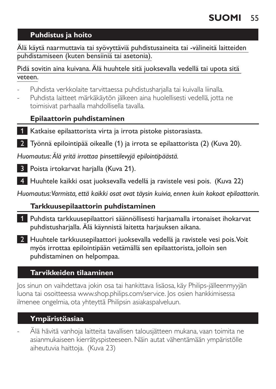 Suomi | Philips Epilier-Set – Limited Edition User Manual | Page 55 / 132