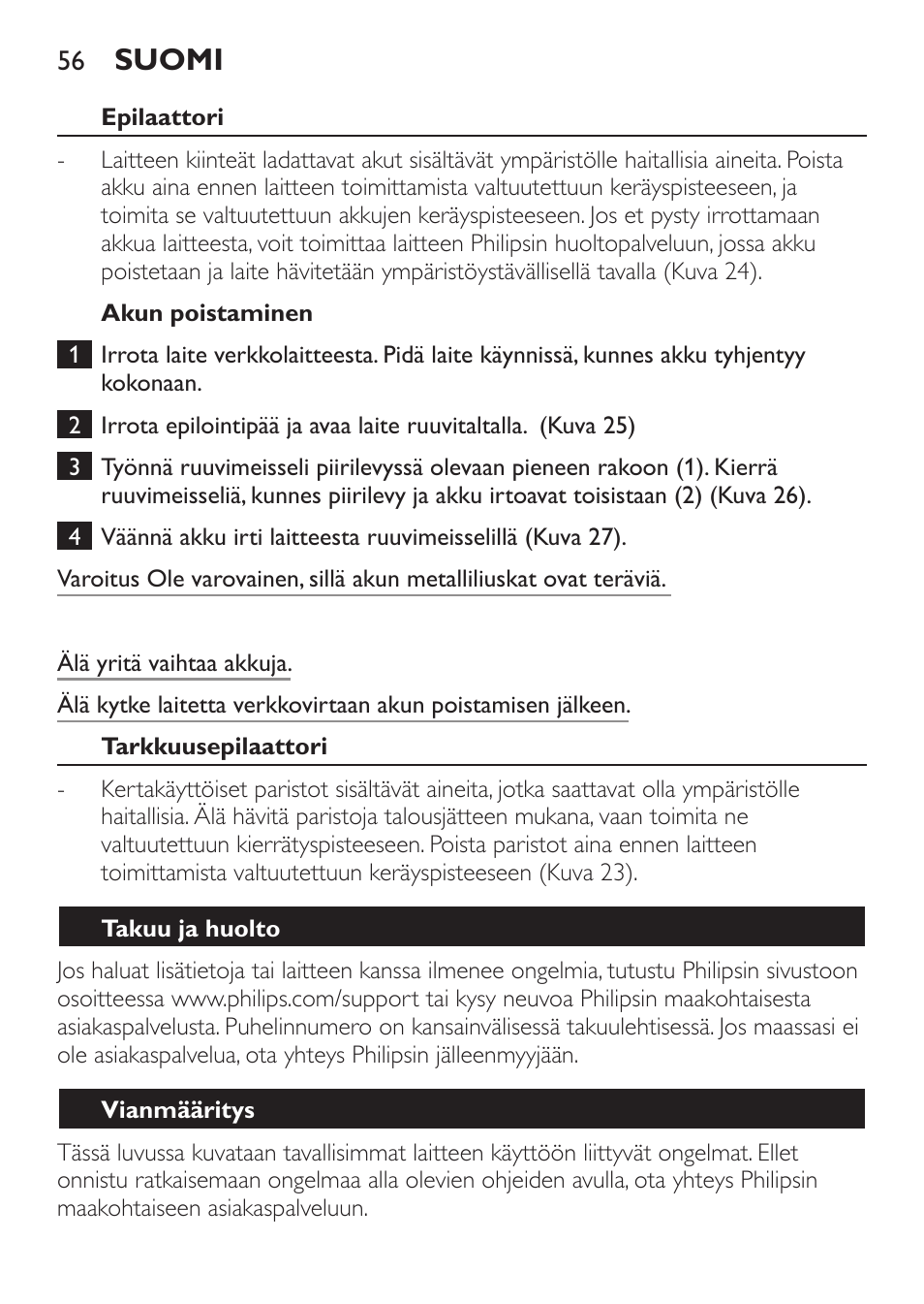 Suomi | Philips Epilier-Set – Limited Edition User Manual | Page 56 / 132