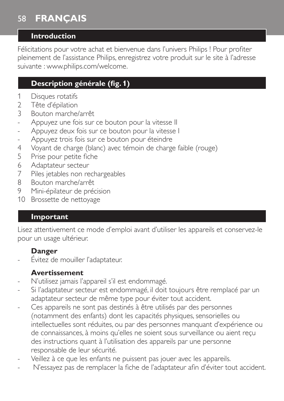 Français | Philips Epilier-Set – Limited Edition User Manual | Page 58 / 132