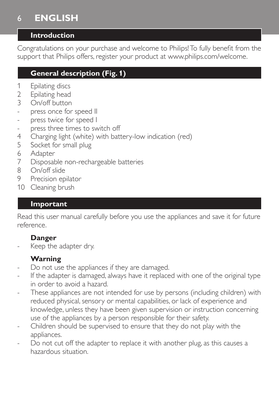 English, English 6 | Philips Epilier-Set – Limited Edition User Manual | Page 6 / 132