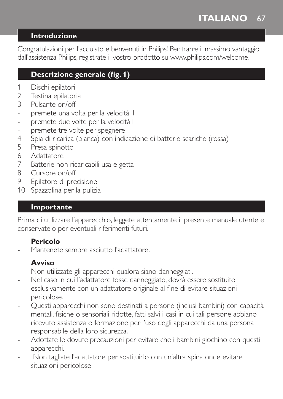 Italiano | Philips Epilier-Set – Limited Edition User Manual | Page 67 / 132