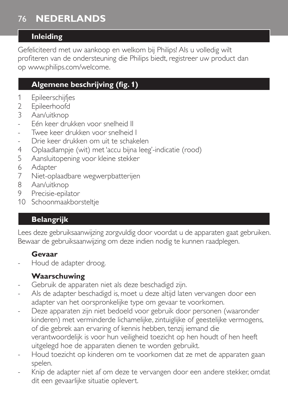 Nederlands, Nederlands 76 | Philips Epilier-Set – Limited Edition User Manual | Page 76 / 132