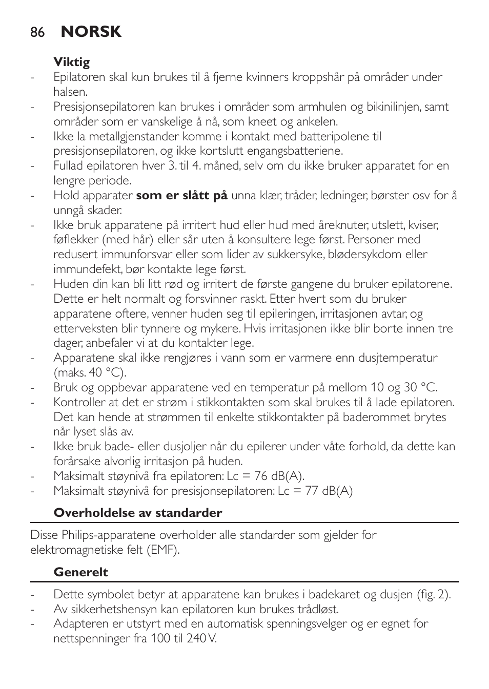 Norsk | Philips Epilier-Set – Limited Edition User Manual | Page 86 / 132