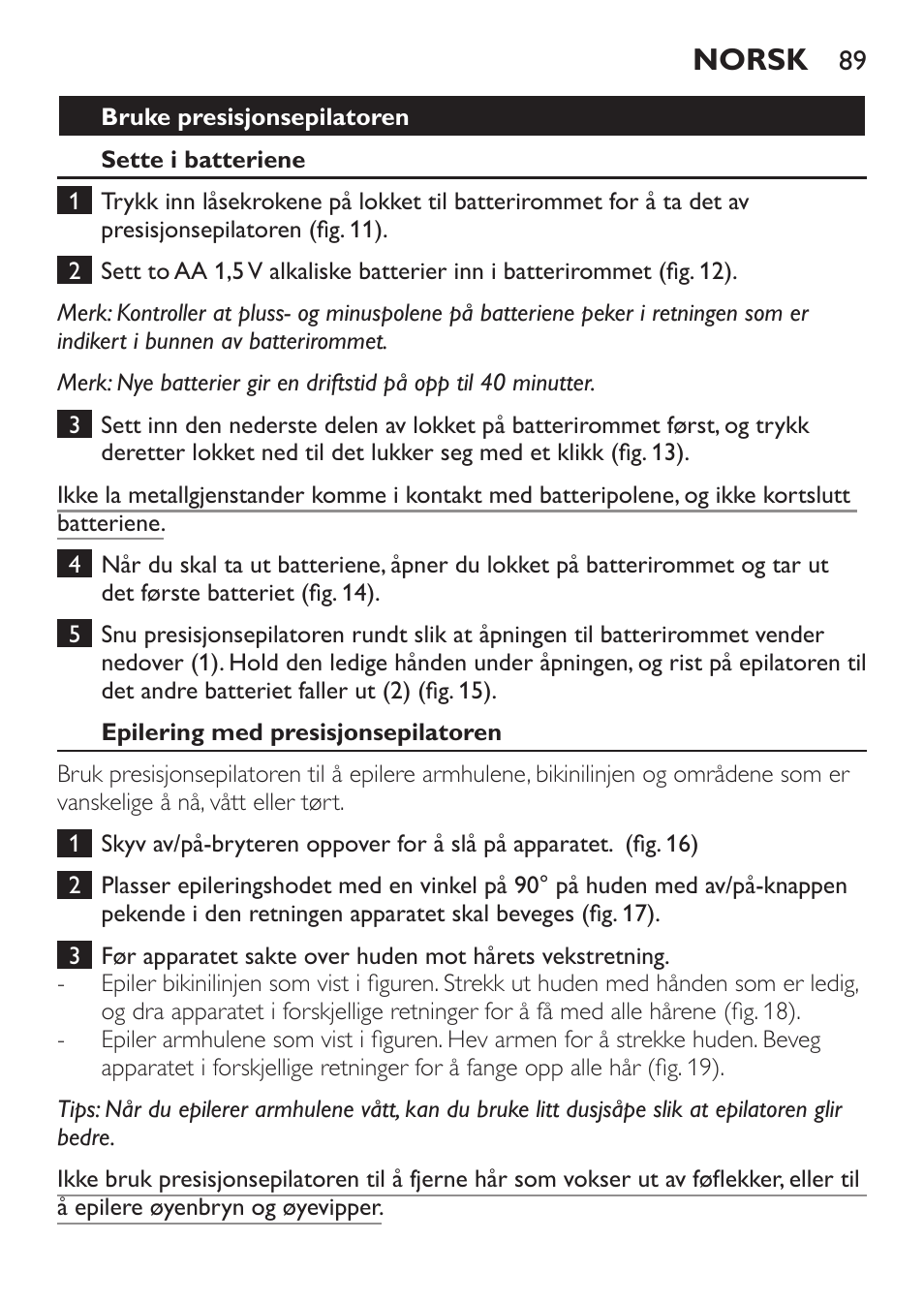 Norsk | Philips Epilier-Set – Limited Edition User Manual | Page 89 / 132