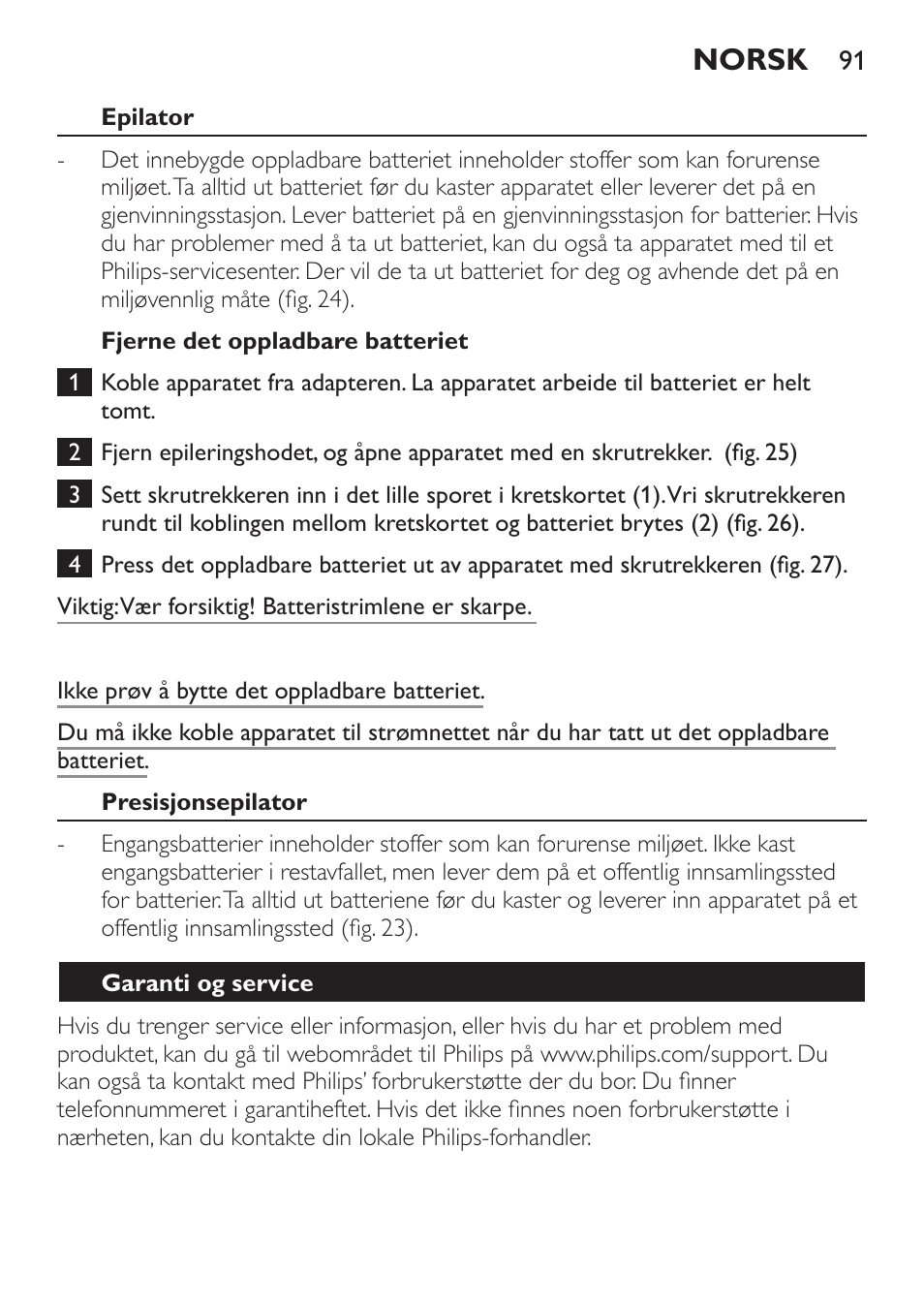 Norsk | Philips Epilier-Set – Limited Edition User Manual | Page 91 / 132