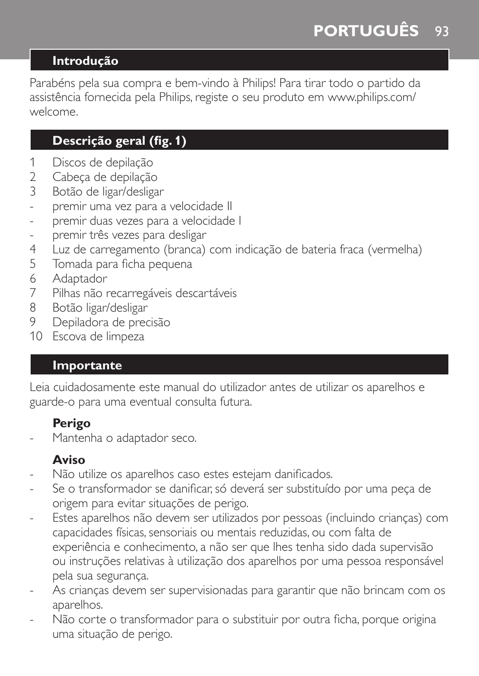 Português | Philips Epilier-Set – Limited Edition User Manual | Page 93 / 132