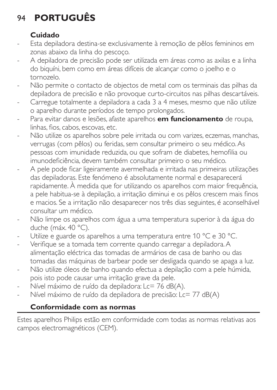 Português | Philips Epilier-Set – Limited Edition User Manual | Page 94 / 132