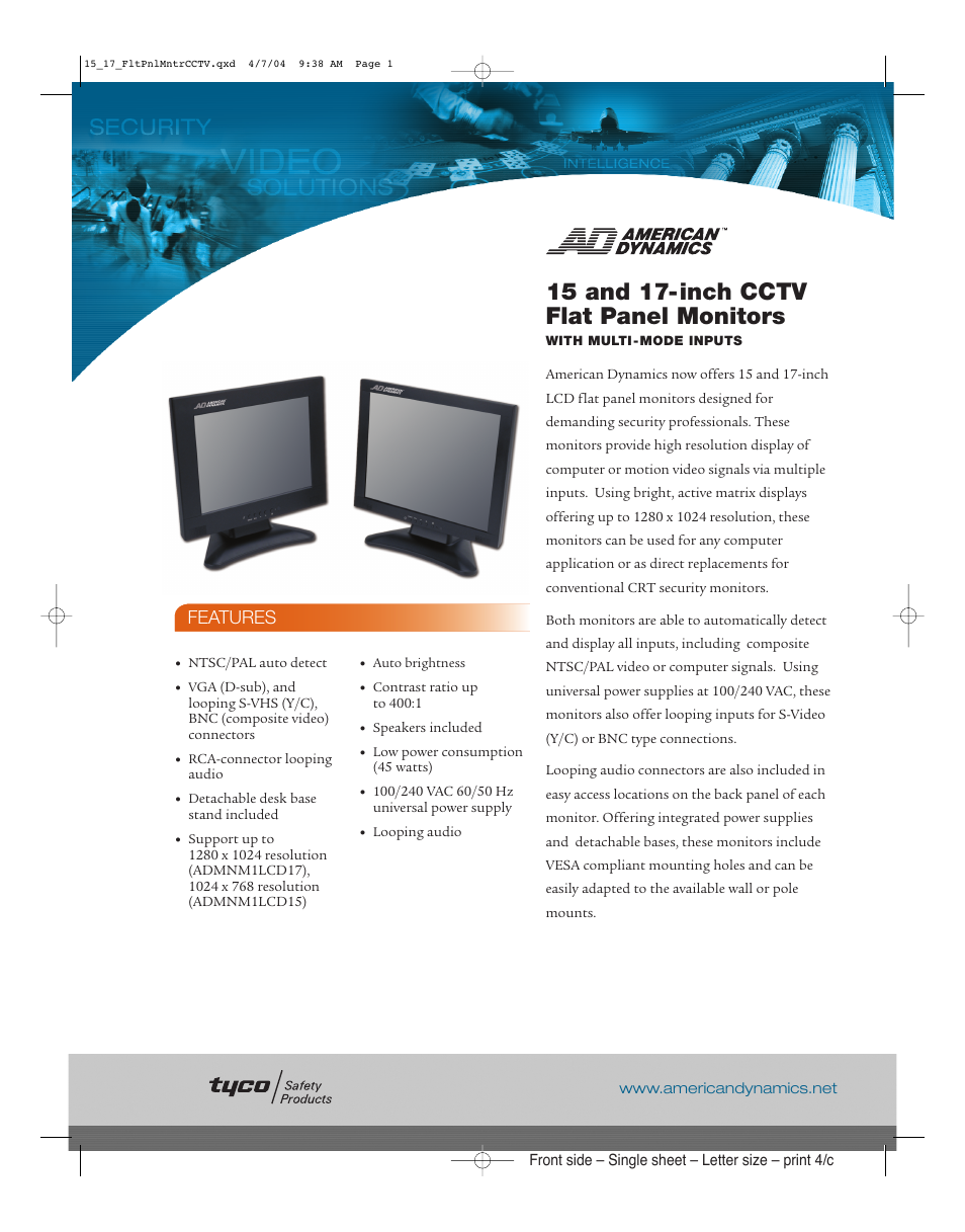 American Dynamics 15 and 17-inch CCTV User Manual | 2 pages