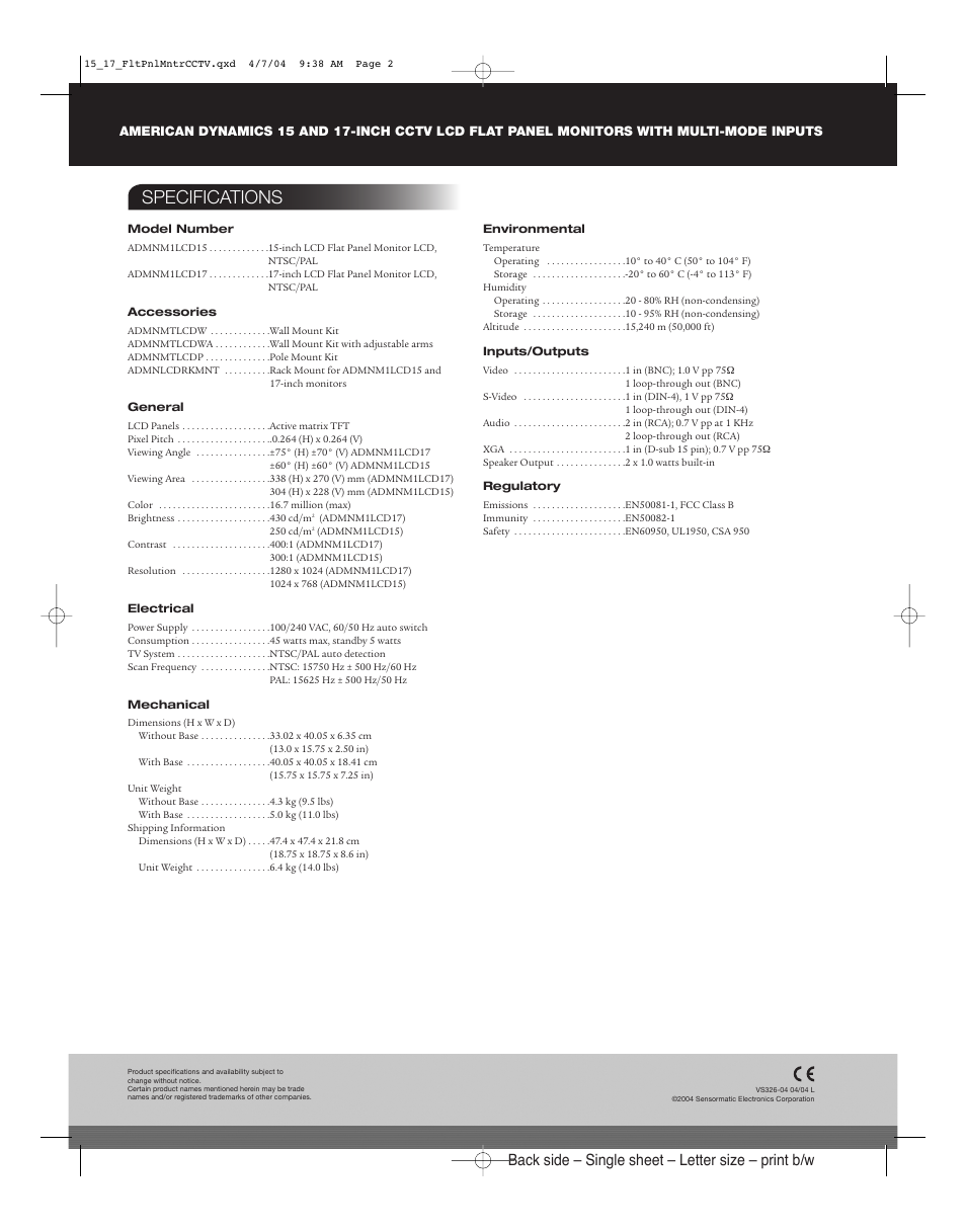 Specifications, Back side – single sheet – letter size – print b/w | American Dynamics 15 and 17-inch CCTV User Manual | Page 2 / 2