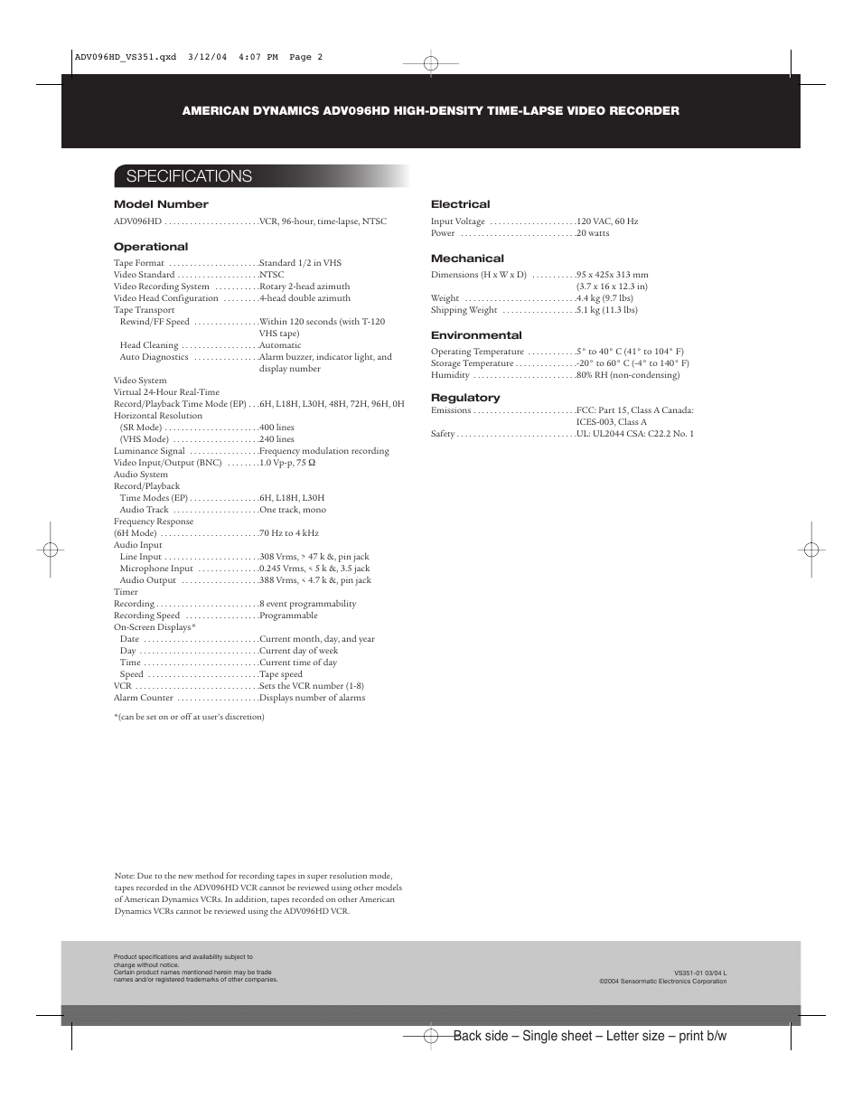 Specifications, Back side – single sheet – letter size – print b/w | American Dynamics ADV096HD User Manual | Page 2 / 2