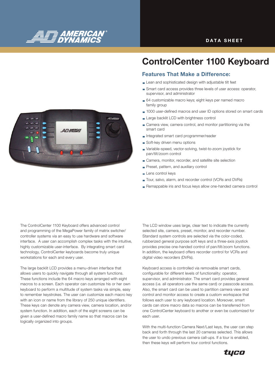 American Dynamics ControlCenter 1100 User Manual | 2 pages