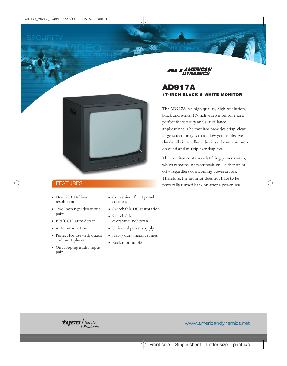 American Dynamics Tyco AD917A User Manual | 2 pages