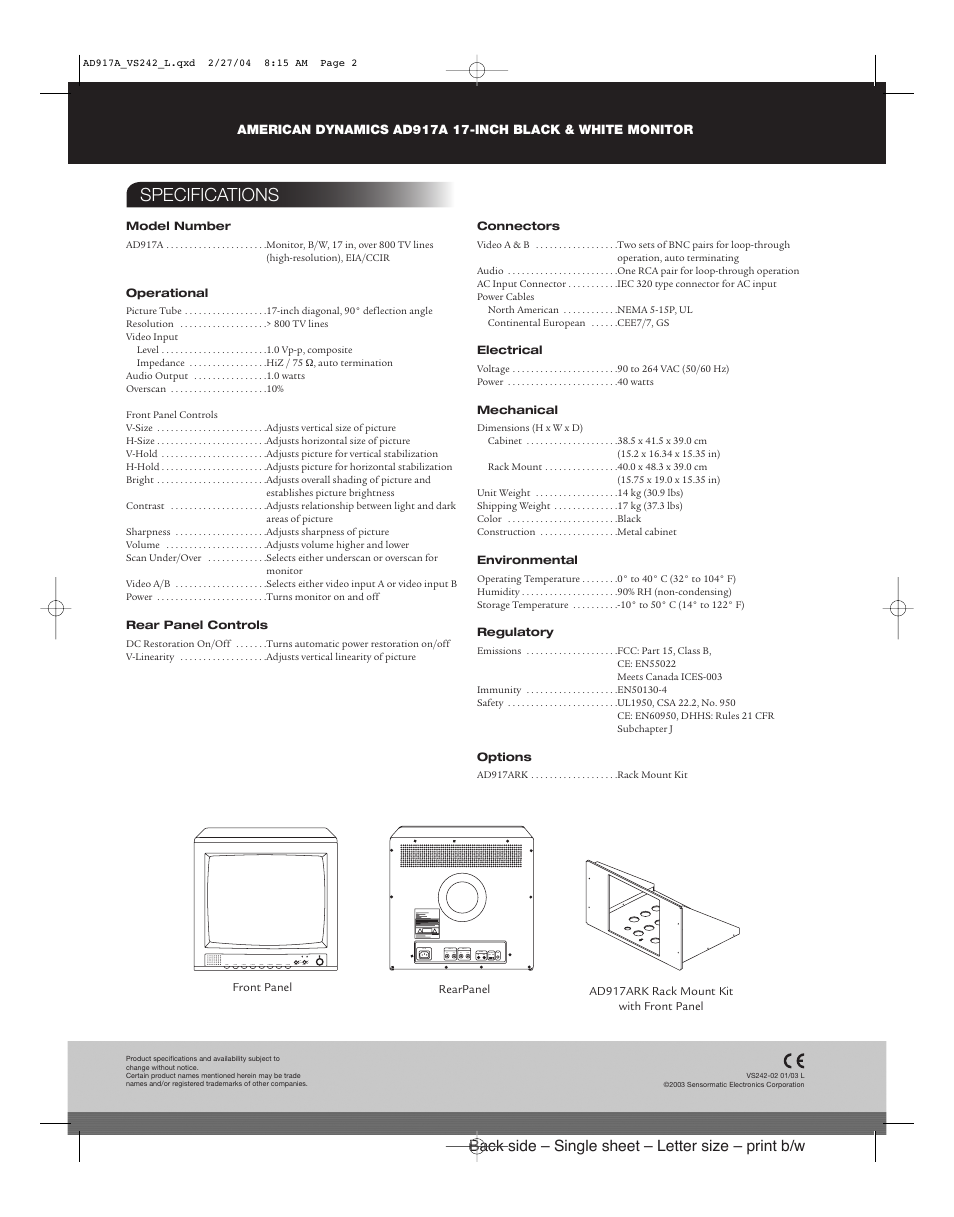 Specifications | American Dynamics Tyco AD917A User Manual | Page 2 / 2