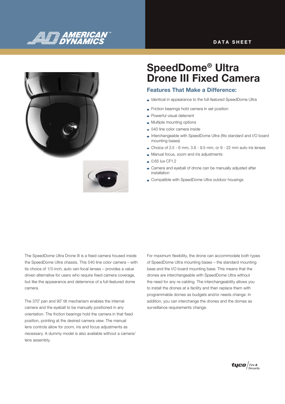 American Dynamics SpeedDome Ultra Drone III User Manual | 2 pages