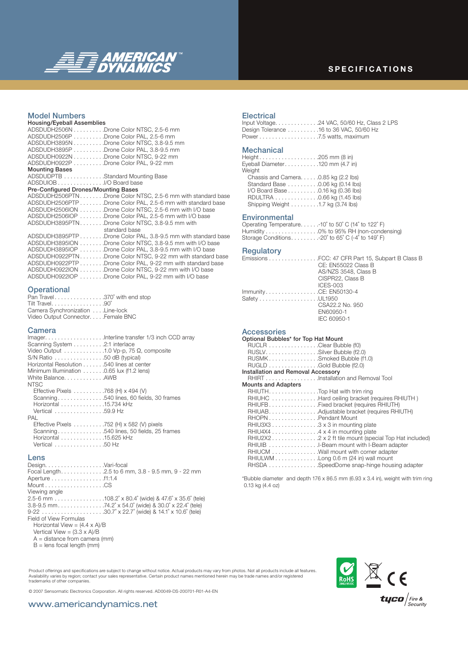 Model numbers, Operational, Camera | Lens, Electrical, Mechanical, Environmental, Regulatory, Accessories | American Dynamics SpeedDome Ultra Drone III User Manual | Page 2 / 2