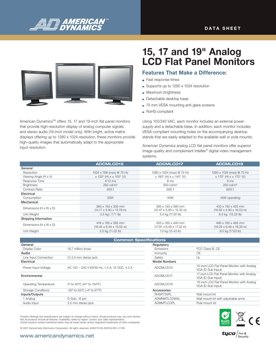 American Dynamics Tyco ADCMLCD15 User Manual | 1 page