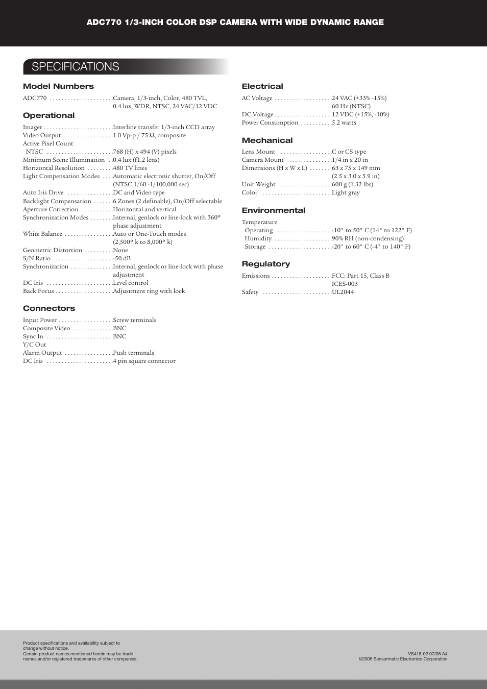 Specifications | American Dynamics Tyco ADC770 User Manual | Page 2 / 2