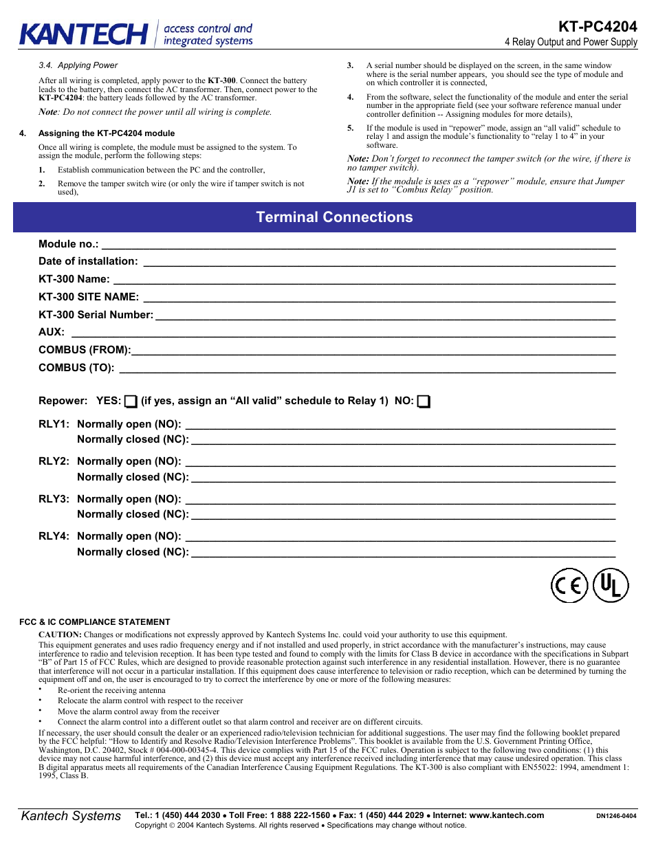 Kt-pc4204, Terminal connections, Kantech systems | Kantech KT-PC4204 User Manual | Page 2 / 2