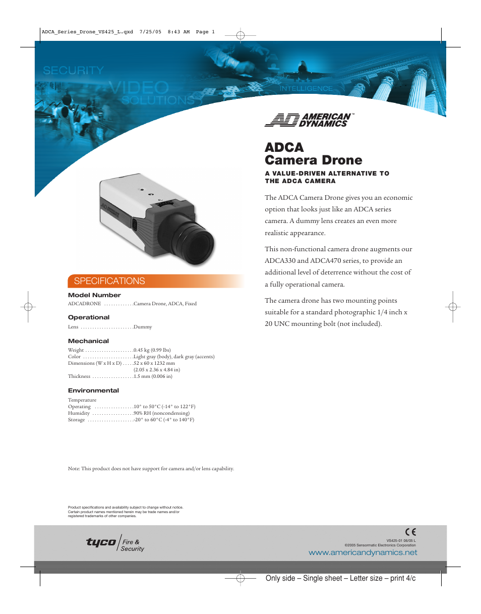 American Dynamics ADCA Series User Manual | 1 page