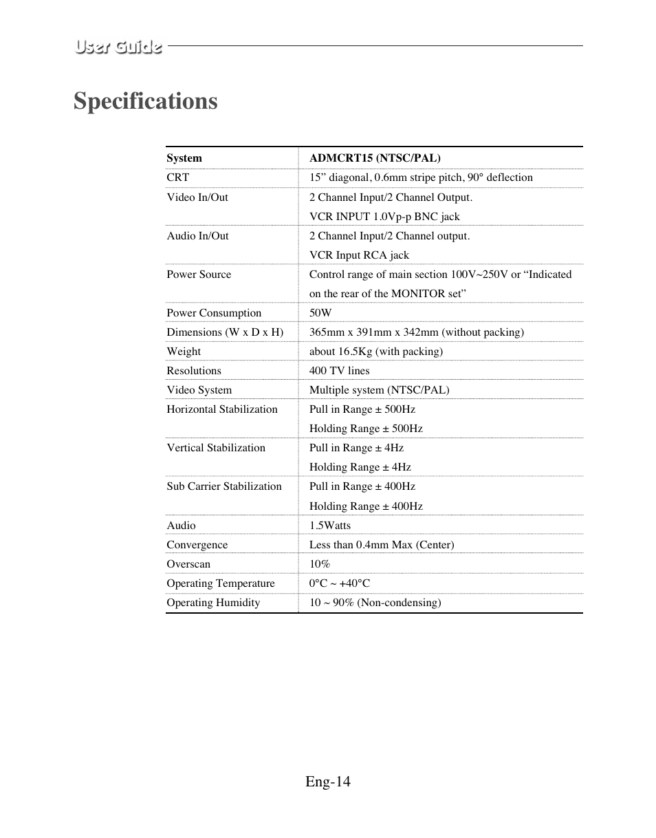 Specifications, Eng-14 | American Dynamics ADMCRT15 User Manual | Page 14 / 67