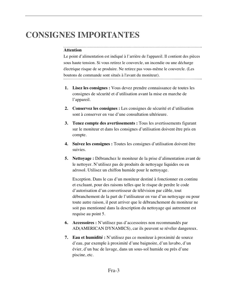 Consignes importantes | American Dynamics ADMCRT15 User Manual | Page 17 / 67
