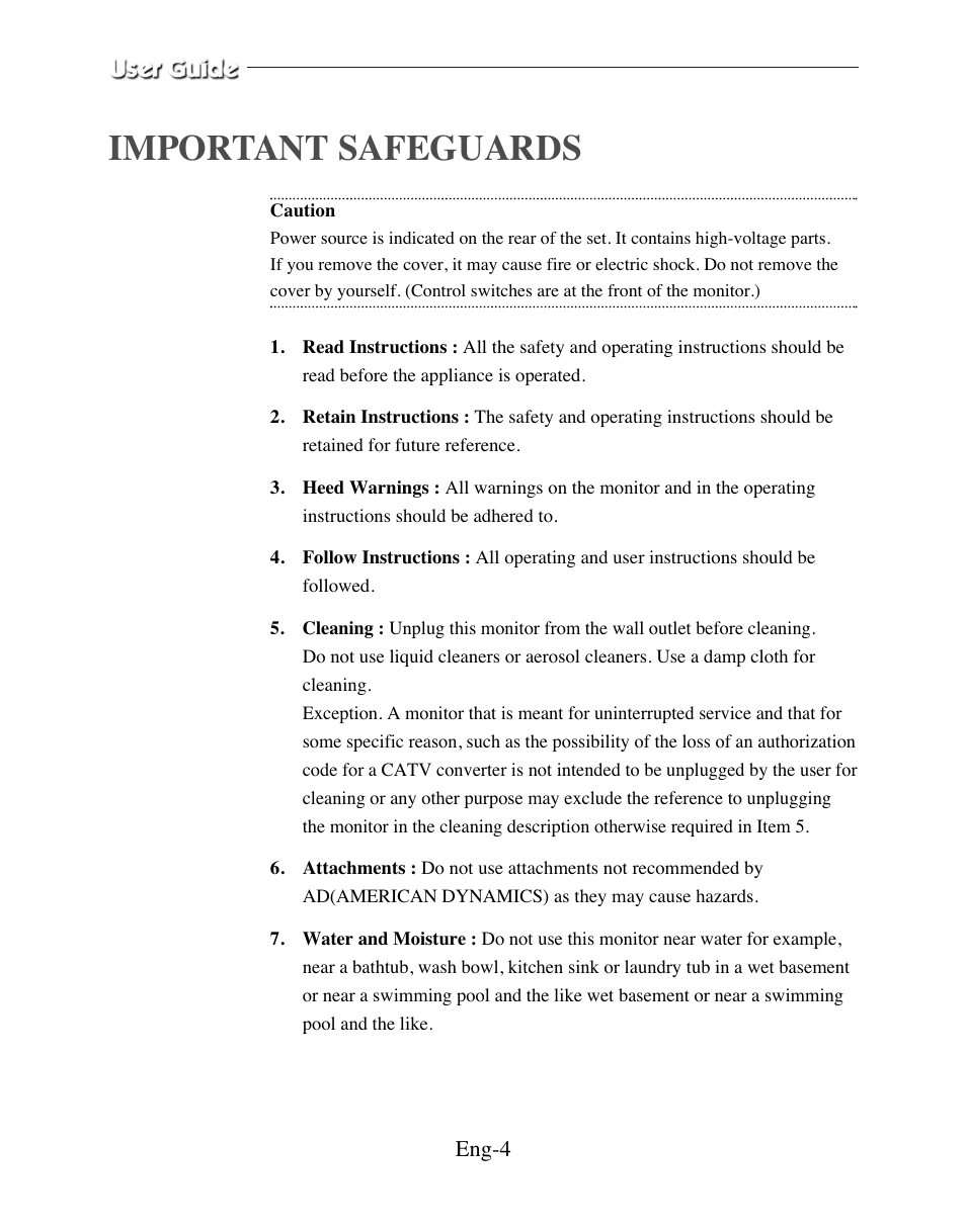 Important safeguards, Eng-4 | American Dynamics ADMCRT15 User Manual | Page 4 / 67