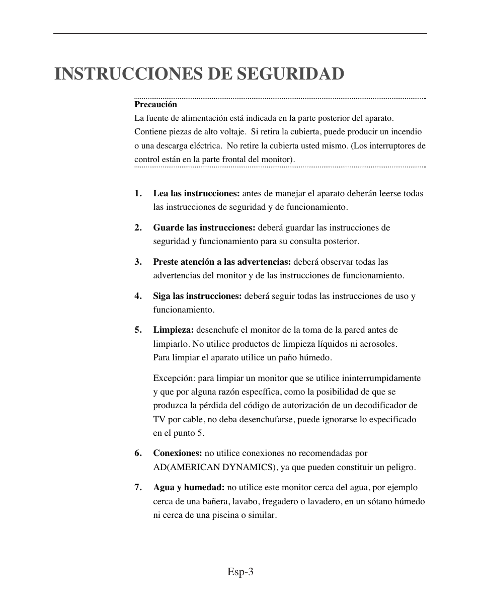 Instrucciones de seguridad, Esp-3 | American Dynamics ADMCRT15 User Manual | Page 43 / 67