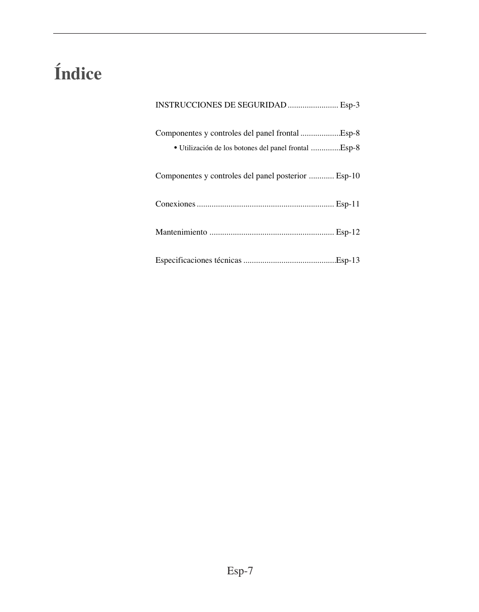 Índice, Esp-7 | American Dynamics ADMCRT15 User Manual | Page 47 / 67