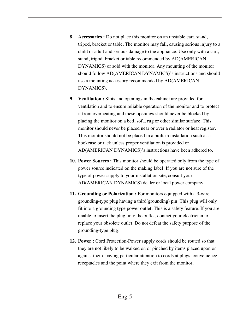 Eng-5 | American Dynamics ADMCRT15 User Manual | Page 5 / 67