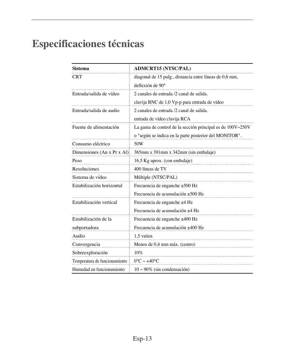 Especificaciones técnicas, Esp-13 | American Dynamics ADMCRT15 User Manual | Page 53 / 67