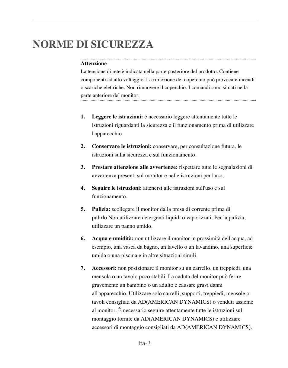 Norme di sicurezza, Ita-3 | American Dynamics ADMCRT15 User Manual | Page 56 / 67