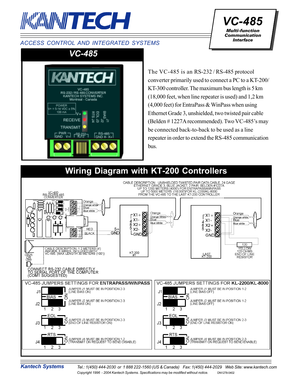 Kantech VC-485 User Manual | 2 pages