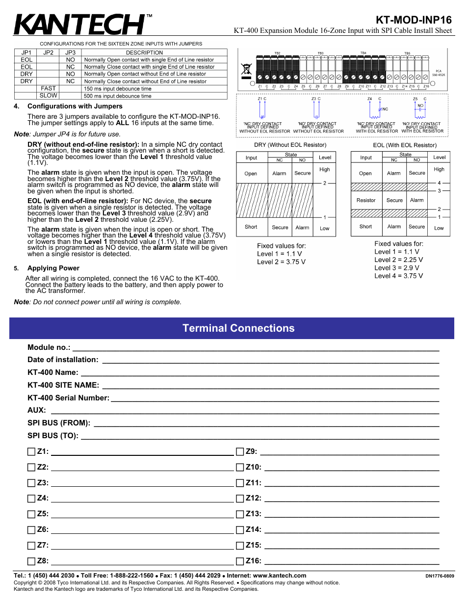 Kt-mod-inp16, Terminal connections | Kantech KT-MOD-INP16 User Manual | Page 2 / 3