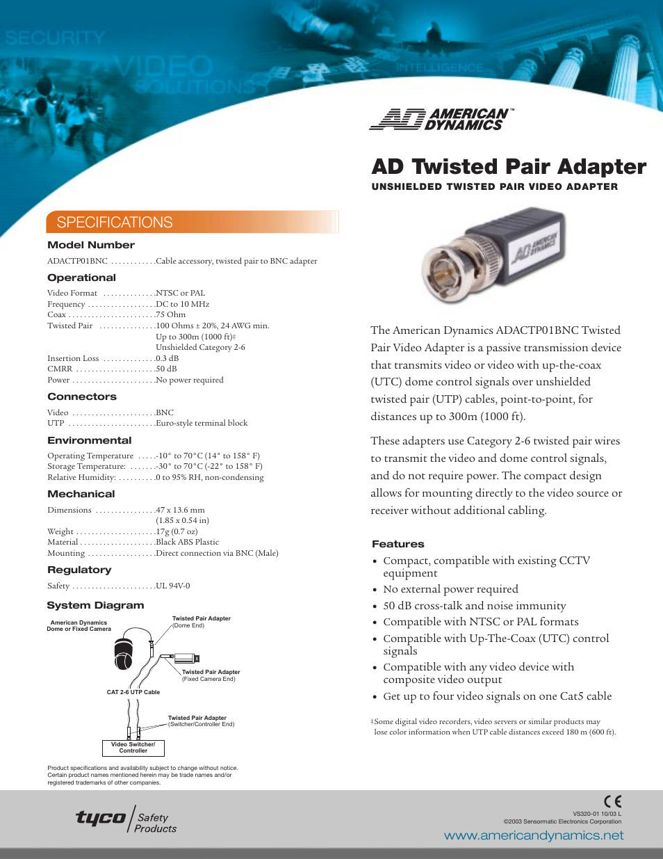 American Dynamics Tyco ADACTP01BNC User Manual | 1 page