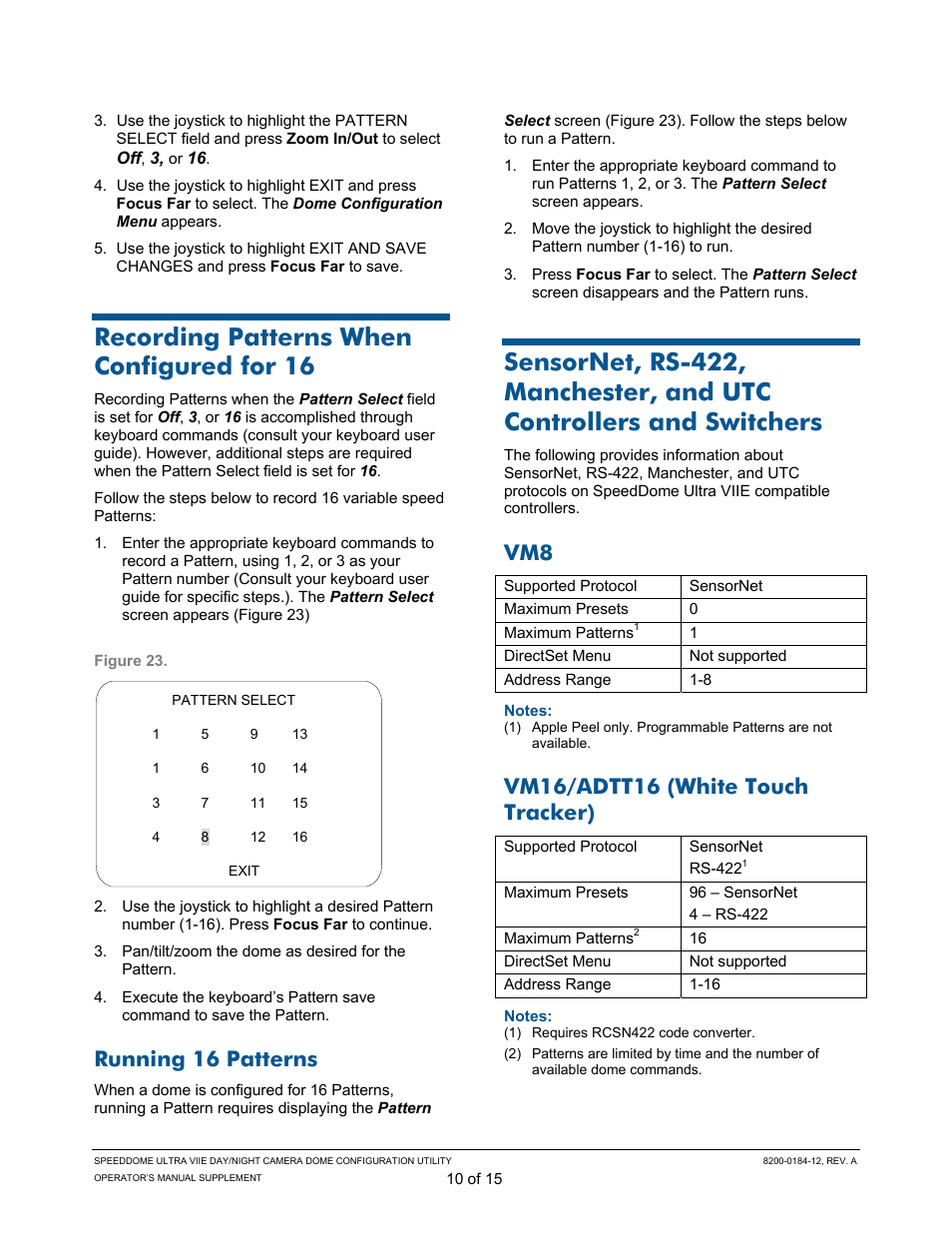 Recording patterns when configured for 16, Running 16 patterns, Vm16/adtt16 (white touch tracker) | Controllers and switchers | American Dynamics ULTRA VIIE User Manual | Page 10 / 15