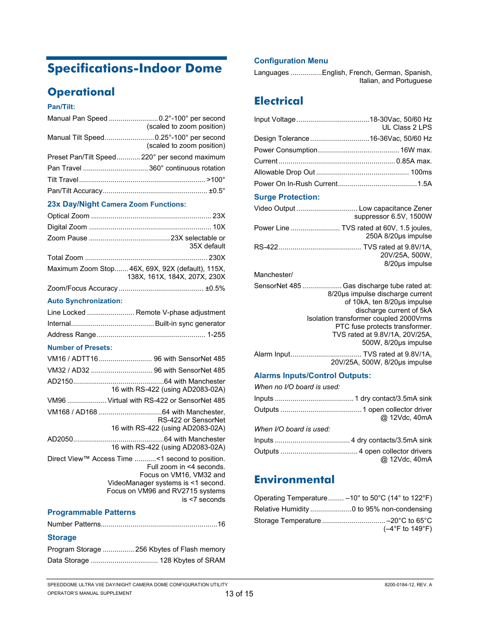 Operational, Electrical, Environmental | Specifications-indoor dome | American Dynamics ULTRA VIIE User Manual | Page 13 / 15