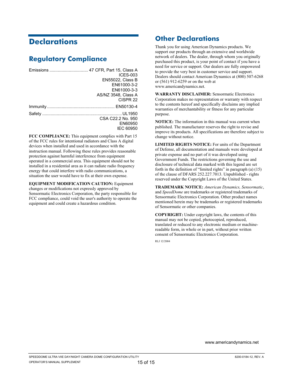 Declarations, Regulatory compliance, Other declarations | American Dynamics ULTRA VIIE User Manual | Page 15 / 15