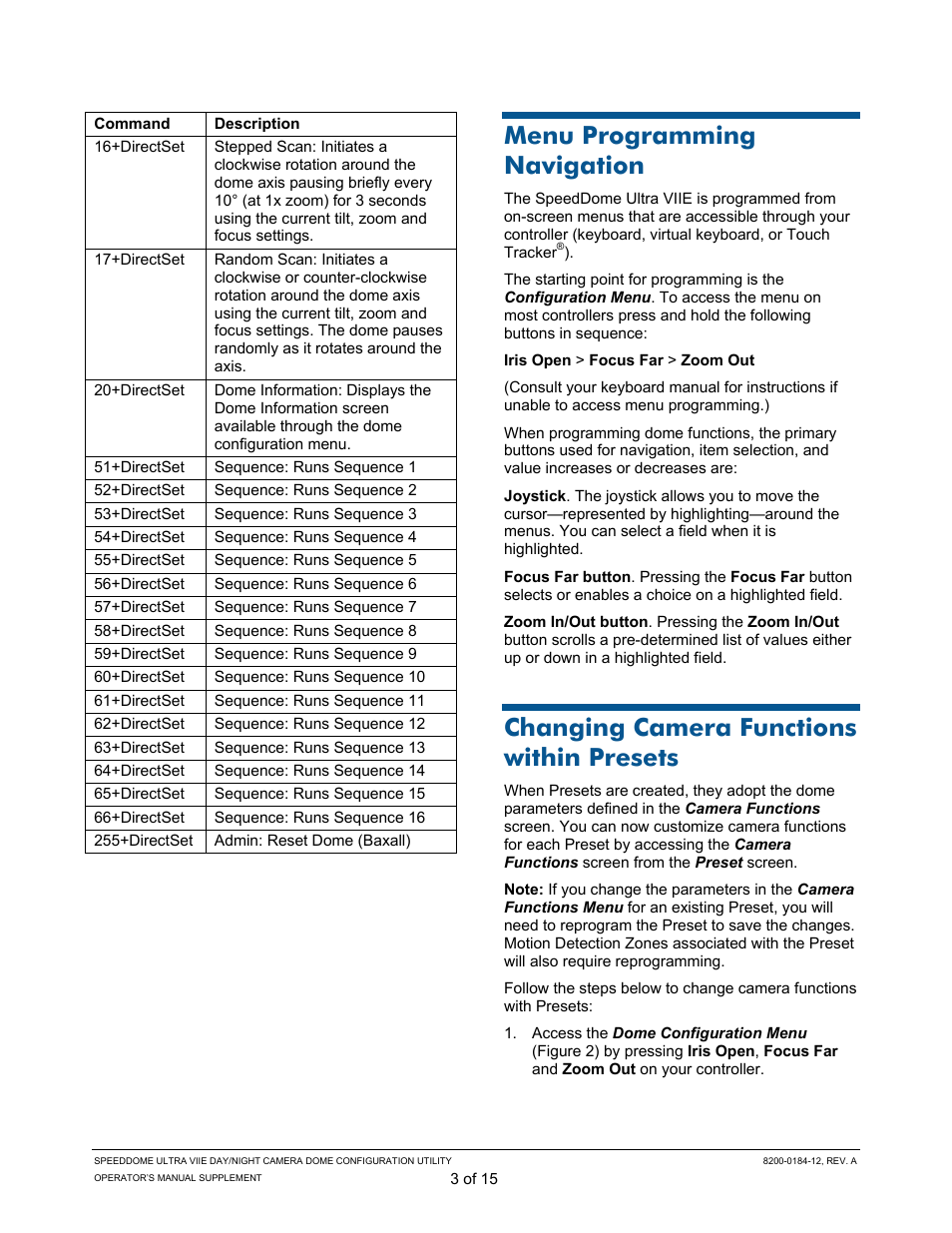 Menu programming navigation, Changing camera functions within presets | American Dynamics ULTRA VIIE User Manual | Page 3 / 15