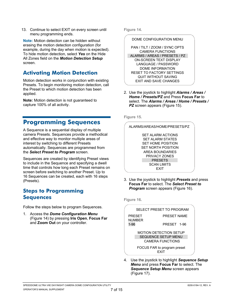 Activating motion detection, Programming sequences, Steps to programming sequences | American Dynamics ULTRA VIIE User Manual | Page 7 / 15