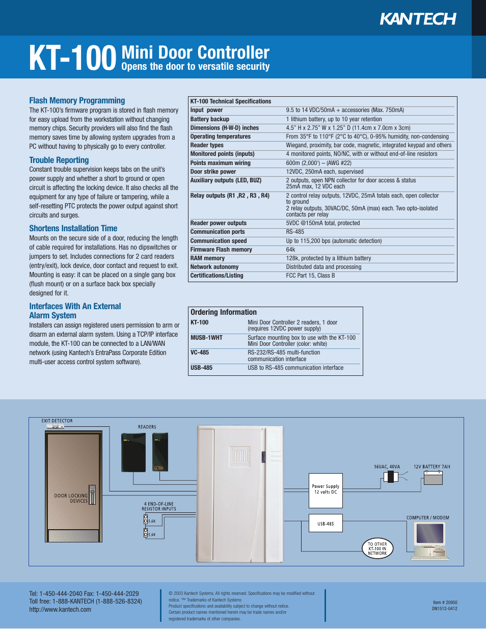 Kt-100, Mini door controller, Opens the door to versatile security | Kantech KT-100 User Manual | Page 2 / 2
