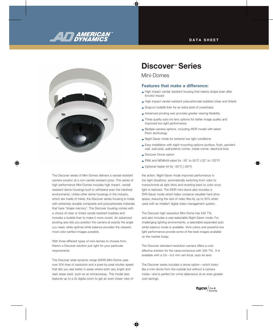 American Dynamics Tyco Discover Series User Manual | 2 pages