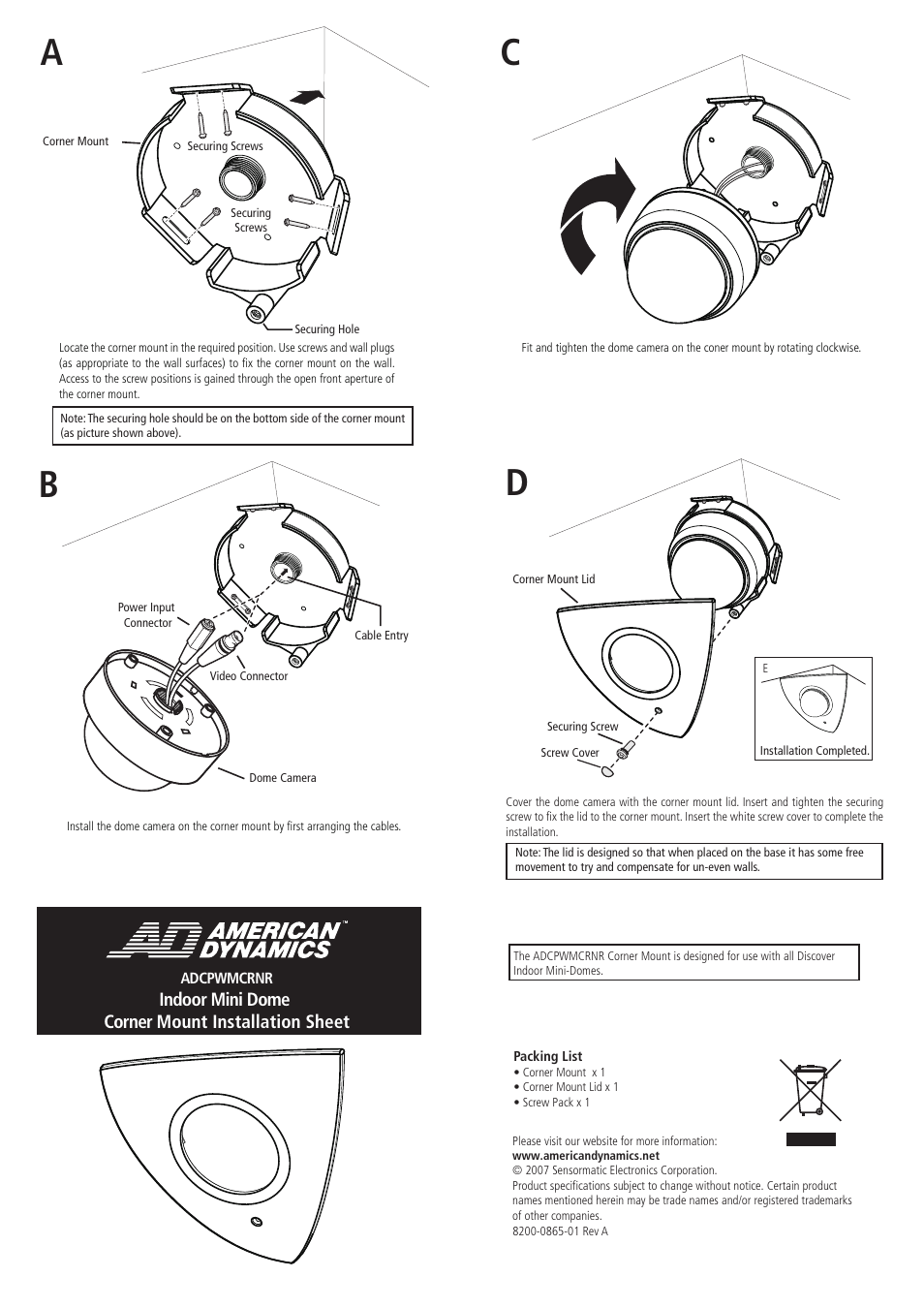 American Dynamics ADCPWMCRNR User Manual | 2 pages