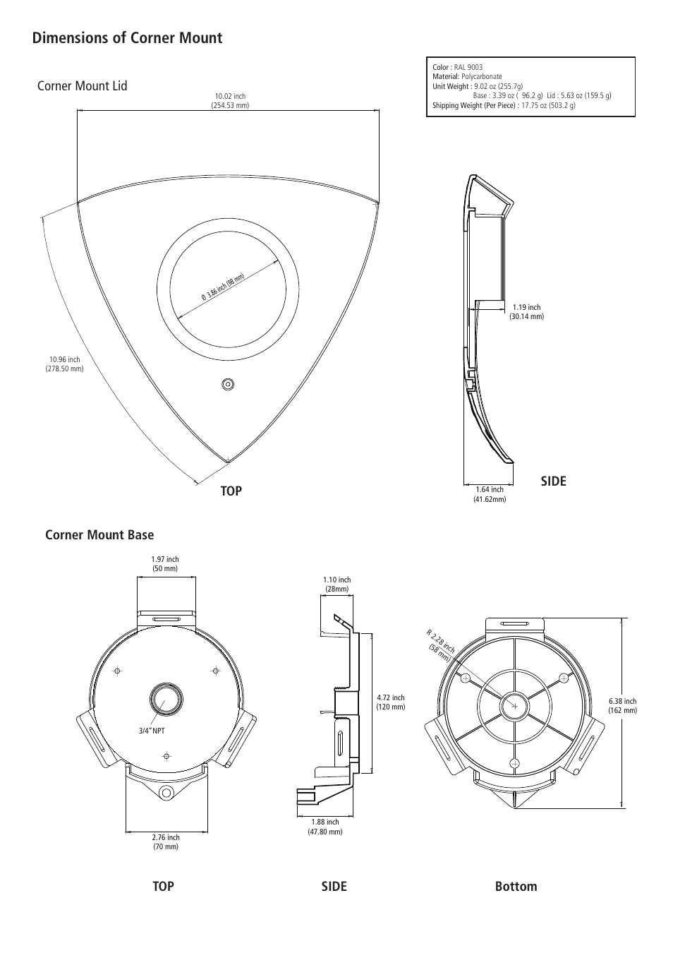 Dimensions of corner mount | American Dynamics ADCPWMCRNR User Manual | Page 2 / 2