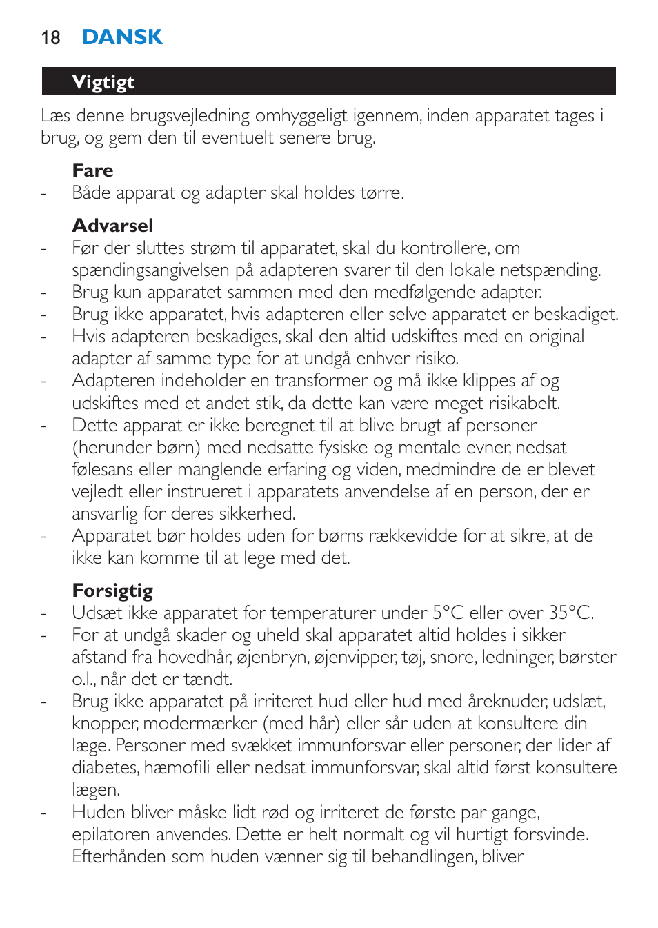 Fare, Advarsel, Forsigtig | Vigtigt | Philips Satinelle Epilierer User Manual | Page 18 / 120