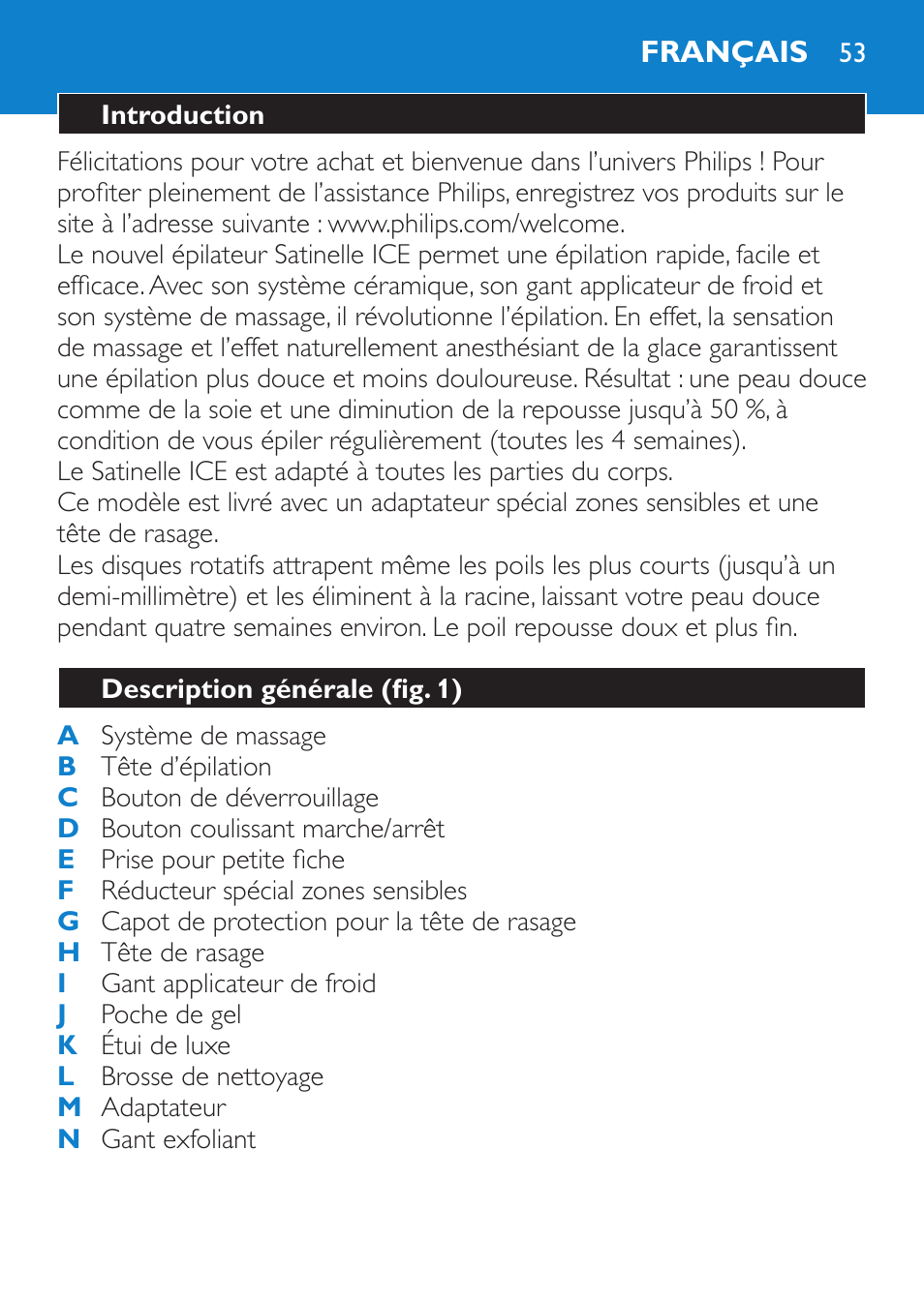 Français, Introduction, Description générale (fig. 1) | Philips Satinelle Epilierer User Manual | Page 53 / 120